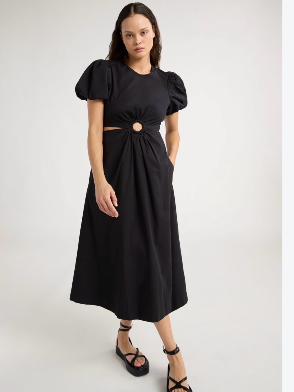 SCOOP Cotton Black Puff Sleeves Dress with cut outs